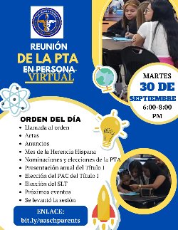 Anuncio de reunión virtual de la PTA el 30 de septiembre